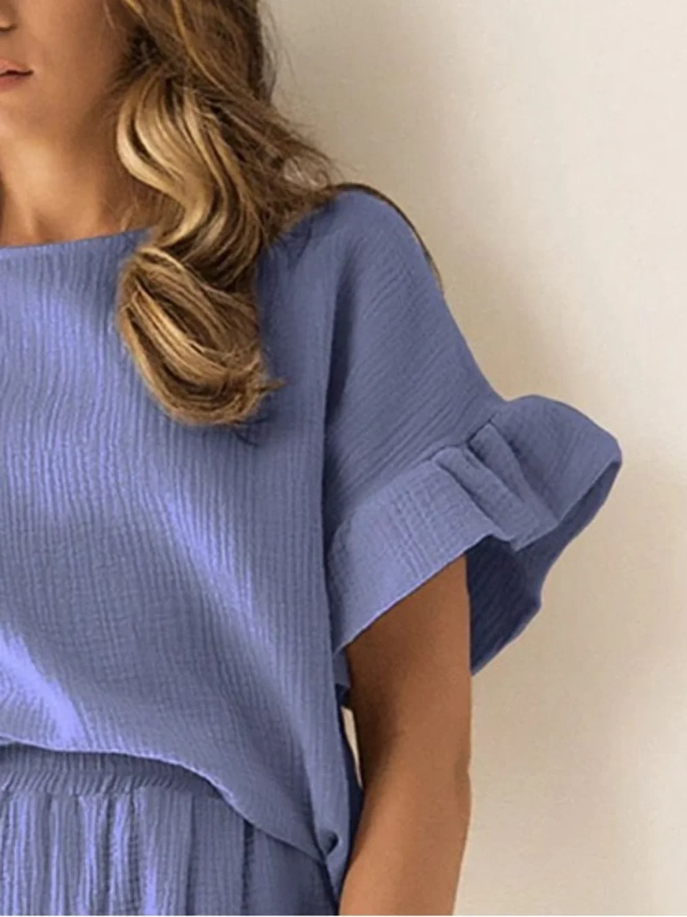 💜 Hello Gorgeous! COTTON Gauze Two-Piece Top & Shorts Set-Blue Purple - Picture 5 of 11